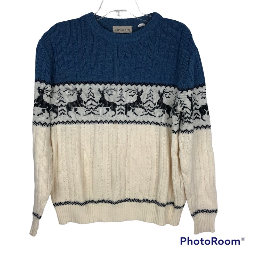 Vintage Hardwood & Pine Medium Blue White Reindeer Sweater Made in Romania